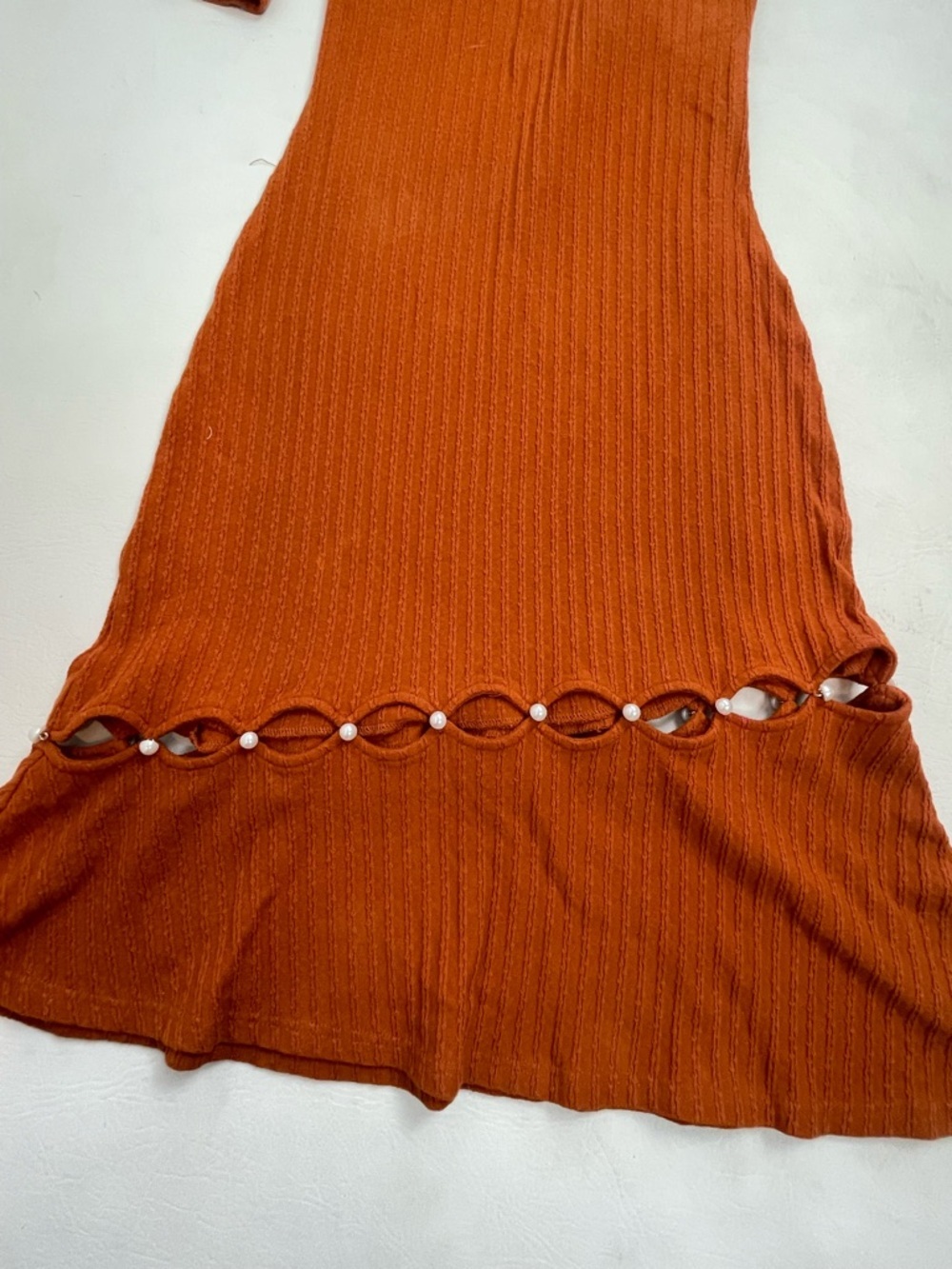 Petite Studio Ribbed Knit Midi Dress Rust Orange Pearl Detail Size Small - Picture 10 of 11